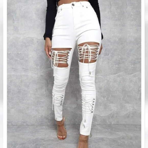 Maniere De Voir Pants - Maniere De Voir Skinny Jeans Pants Lace Up Cord Skinny White Size 6 NWT